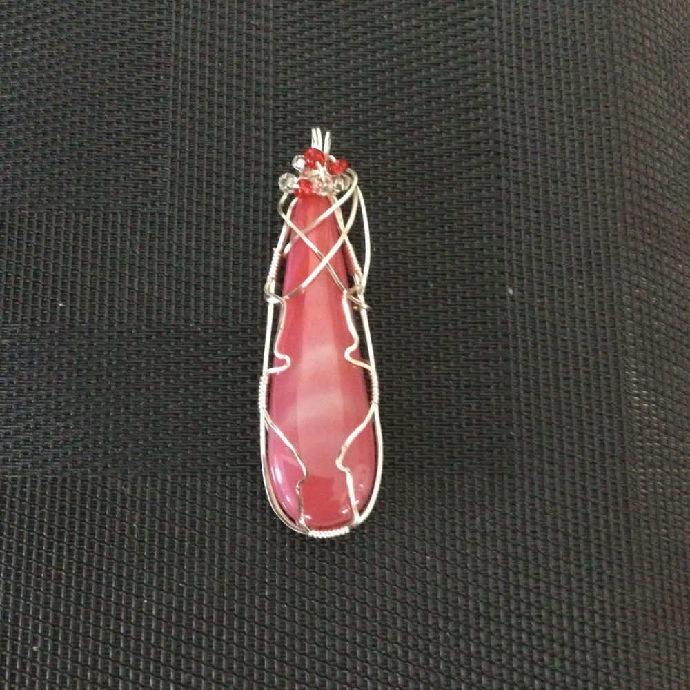 Silver Wire-Wrap Pink Agate Pendant Necklace